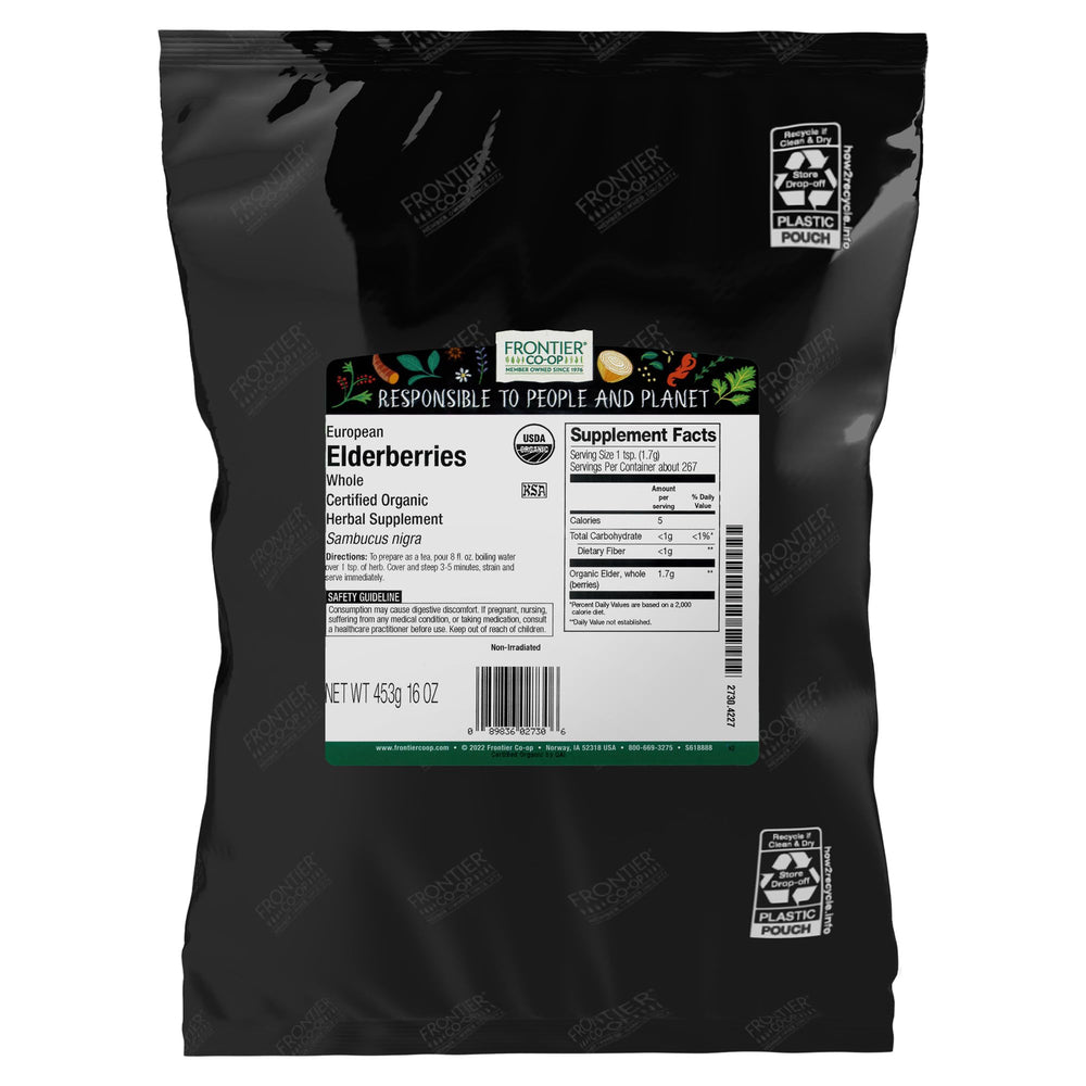 Frontier Co-op European whole elderberries, dried, ideal for tea and syrups.