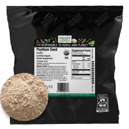 Frontier Psyllium Seed Powder bulk packaging demonstrates eco-friendly materials and reduced waste.