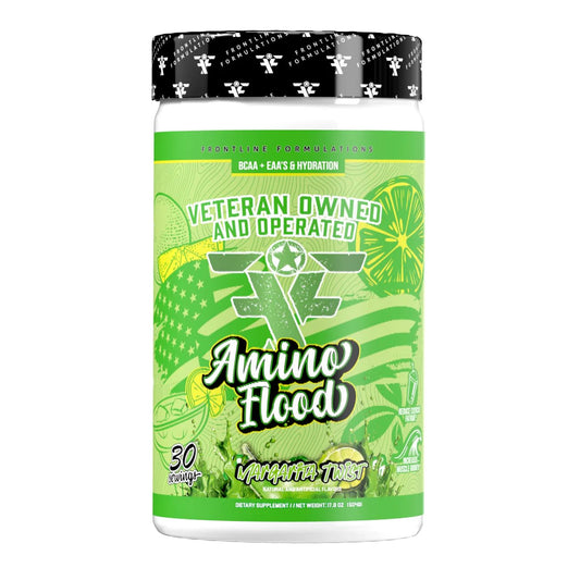 Amino Flood bottle from Frontline Formulations for workout hydration.