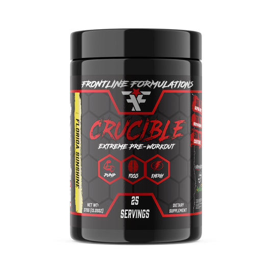 Frontline Formulations Crucible bottle front label showcases a high-stim pre-workout energy boost