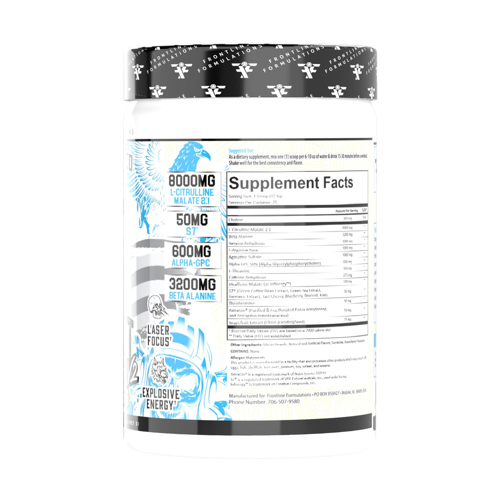 FRONTLINE FORMULATIONS Gauntlet powder label closeup highlighting glossy packaging and key ingredients.