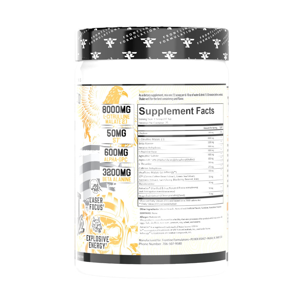 FRONTLINE FORMULATIONS Gauntlet tub label highlights premium ingredients and flavor