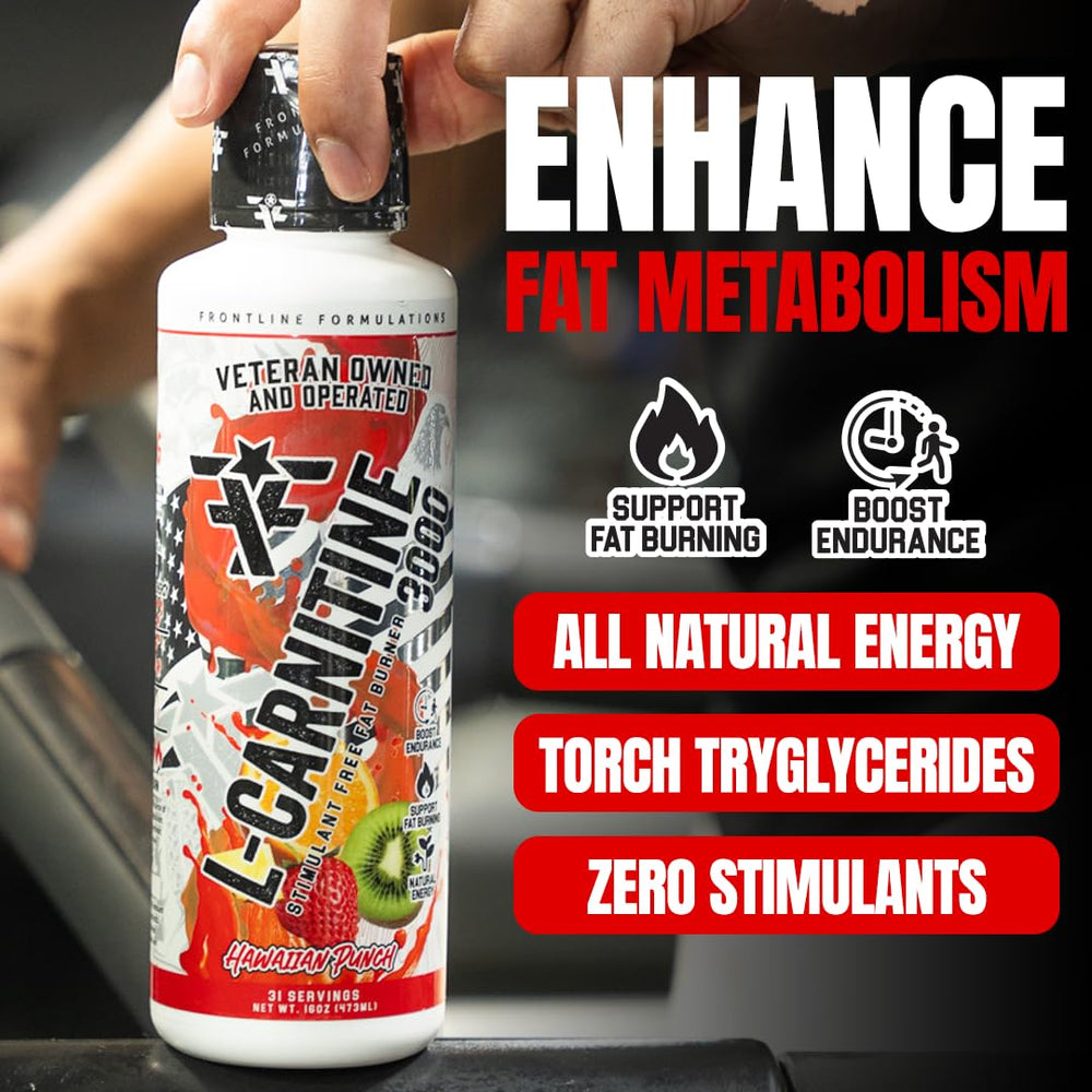 FRONTLINE FORMULATIONS L-Carnitine label closeup emphasizing premium quality ingredients.