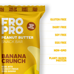 FRO PRO Banana Crunch bar ingredients close-up highlighting natural ingredients and honey-sweetened flavor.