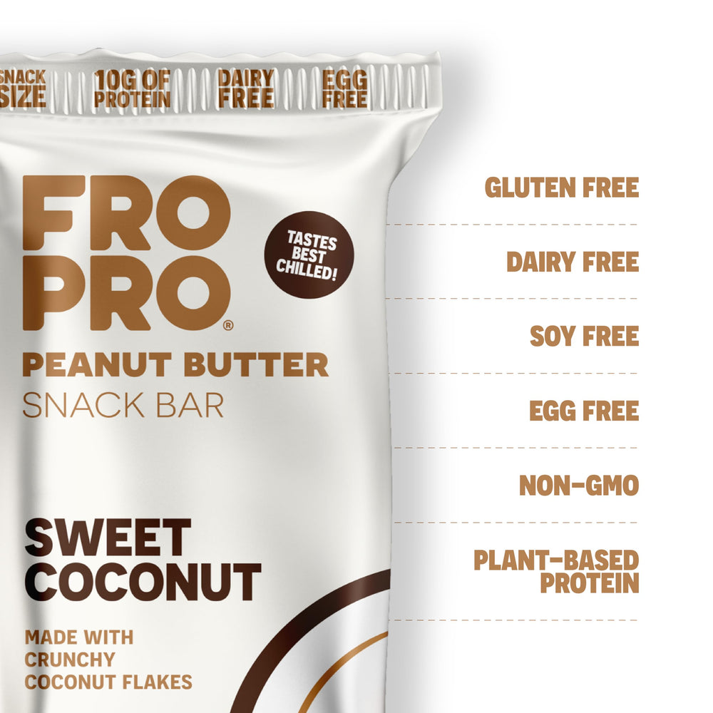 FROPRO coconut-flavored bar close-up showing a gluten-free and dairy-free option.