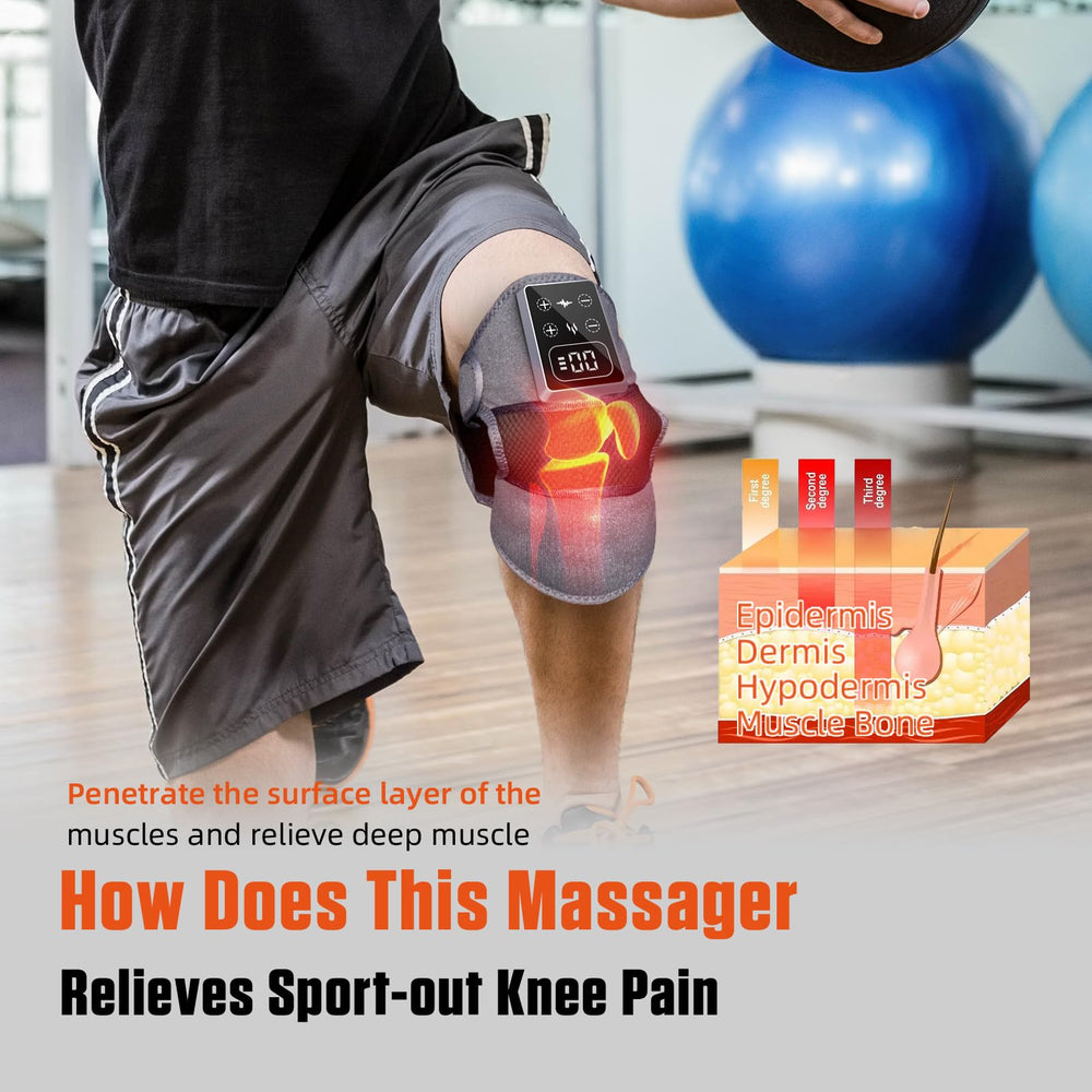FTSAONG knee massager worn on knee demonstrates adjustable comfort and mobility.