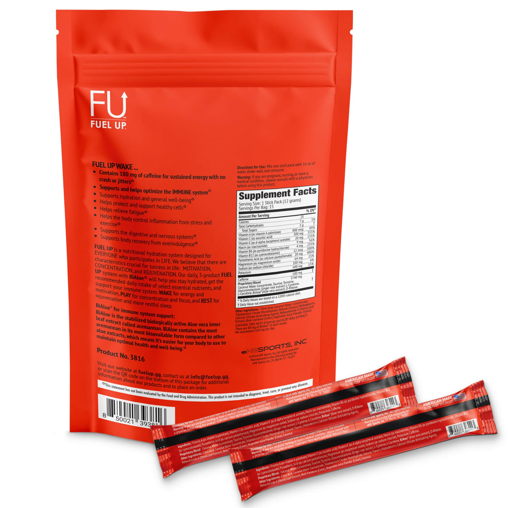 FU FUEL UP Wake orange sherbet powder dissolving in water for balanced hydration and focus