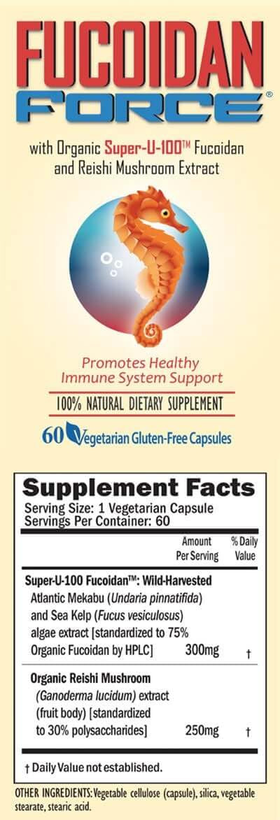 Fucoidan Force ingredients chart shows wakame mekabu and sea kelp fucoidan sources for clean wellness.