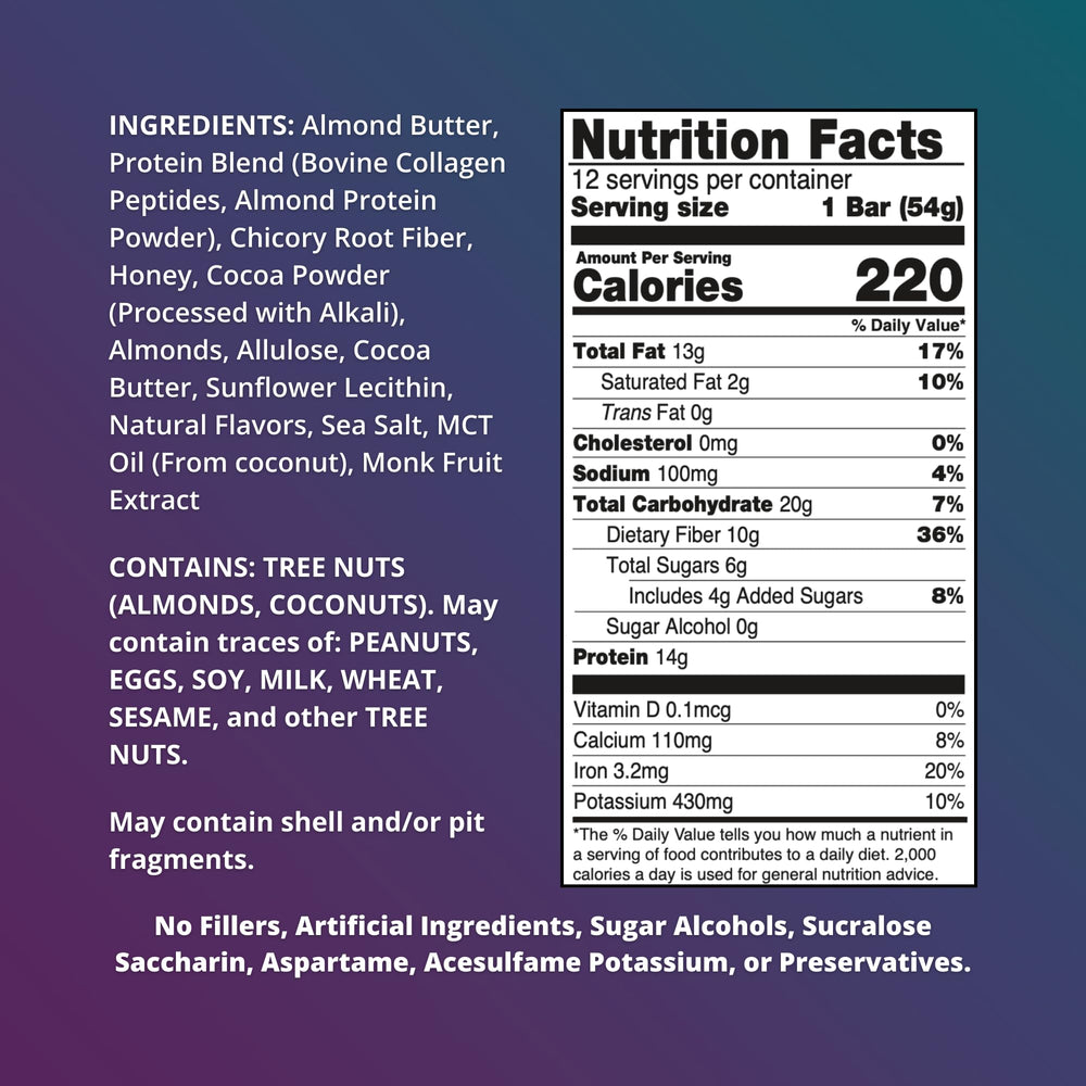 Fuel 4 Ever collagen bar Chocolate Almond ingredients showcase almond butter and greens