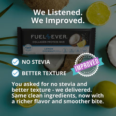 Fuel 4 Ever Chocolate Almond collagen bar wrap emphasizes protein-rich gluten-free portability.