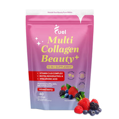 Fuel Multi Collagen Powder tub with mixed berry flavor, ready to mix into beverages.