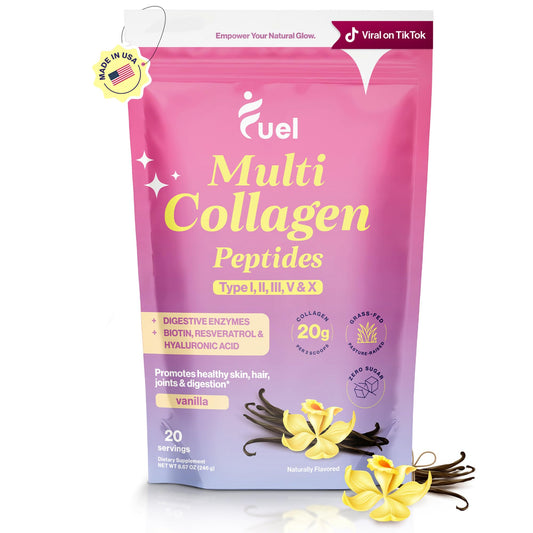 Fuel Multi Collagen Powder tub in French vanilla flavor for daily beauty support.