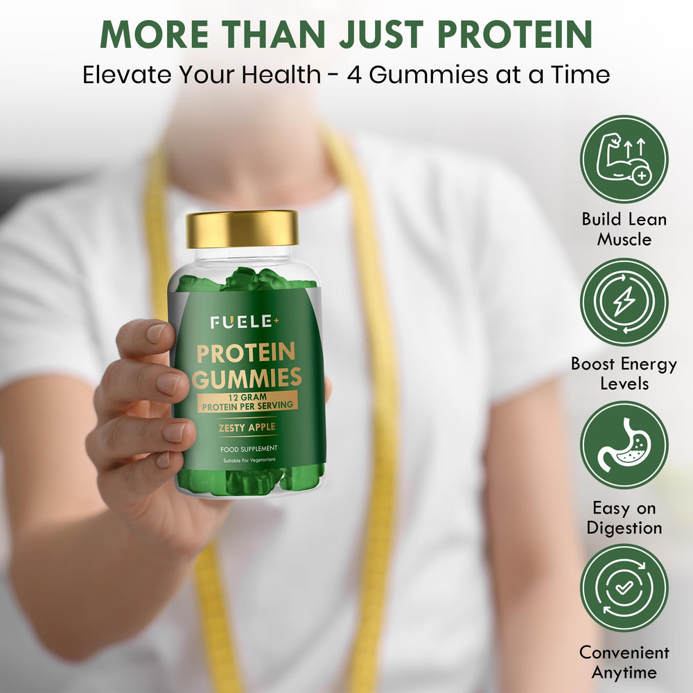 60-count packaging of FUELE+ Whey Protein Gummies for daily protein support.