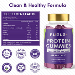 Ingredient panel of FUELE+ showing whey protein base and flavor profile.