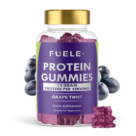 FUELE+ Whey Protein Gummies grape twist jar for a convenient post-workout snack.