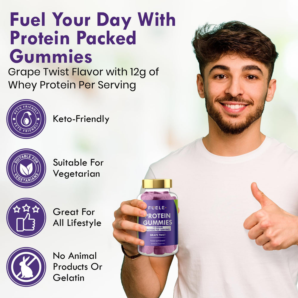 Close-up texture of FUELE+ gummies highlighting chewy protein boost for on-the-go nourishment.