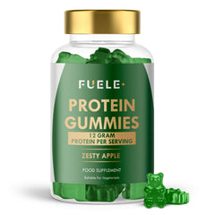 FUELE+ Whey Protein Gummies bottle showcasing zesty apple flavor for convenient protein.