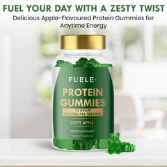 Close-up of FUELE+ gummies highlighting zesty apple taste and chewy texture.