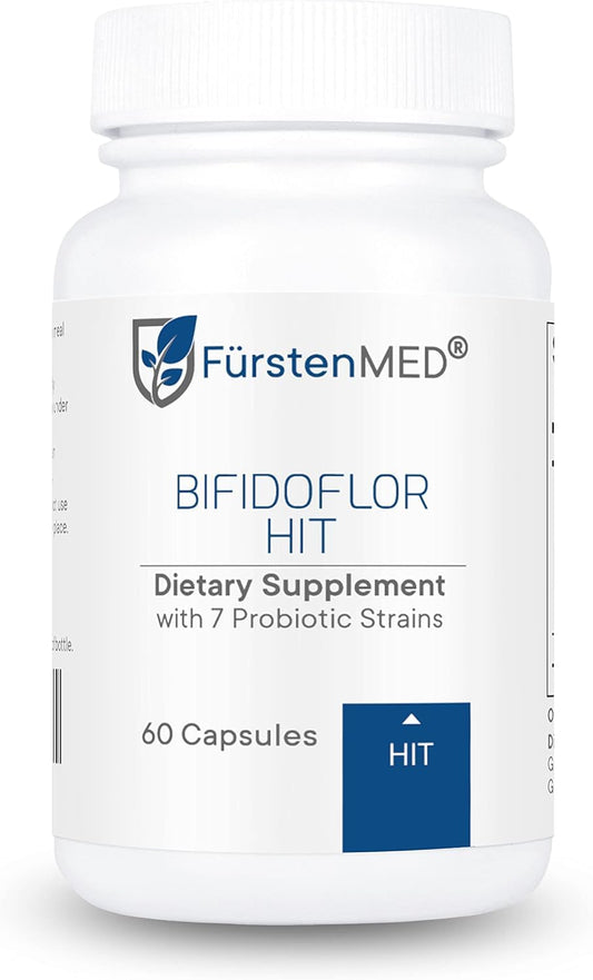 FürstenMED Bifidoflor HIT bottle packshot shows vegan gut health packaging.
