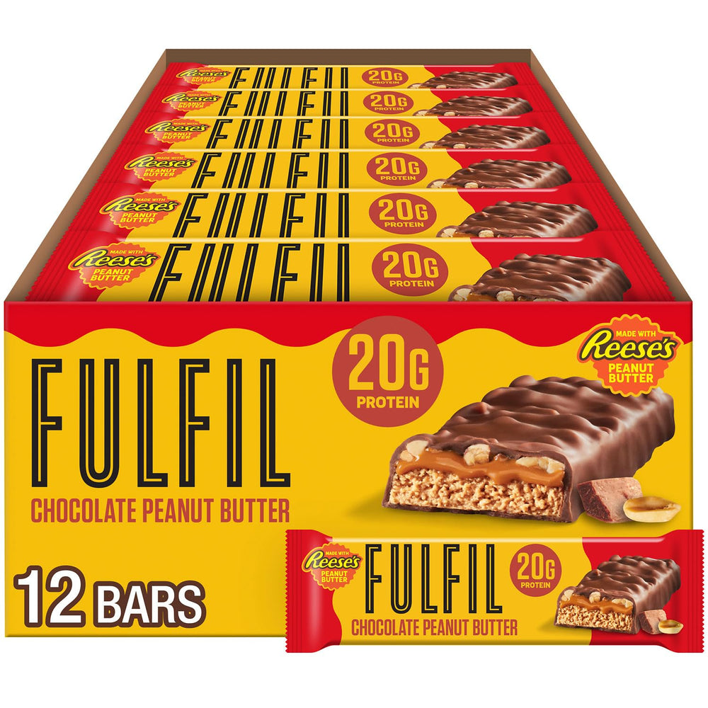 FULFIL Chocolate Peanut Butter Bar with REESE'S packaging, a tasty on-the-go snack option.