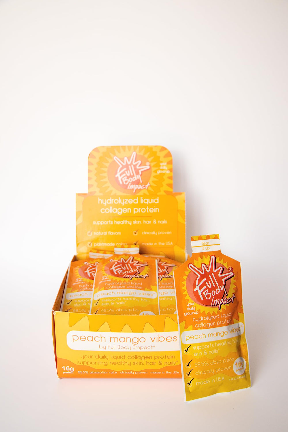Full Body Impact Liquid Collagen bottle highlighting high-absorption formula for skin and hair support.