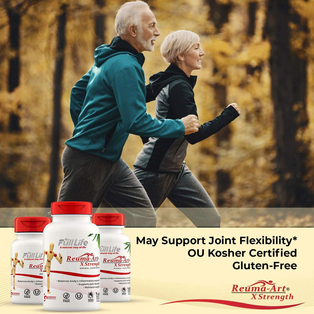 Full Life Reuma-Art X Strength veggie capsules shown for plant-based wellness.