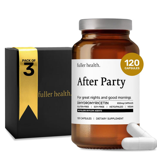 Fuller Health After Party bottle front emphasizes DHM formula for post-celebration relief.