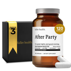 Fuller Health After Party bottle front emphasizes DHM formula for post-celebration relief.