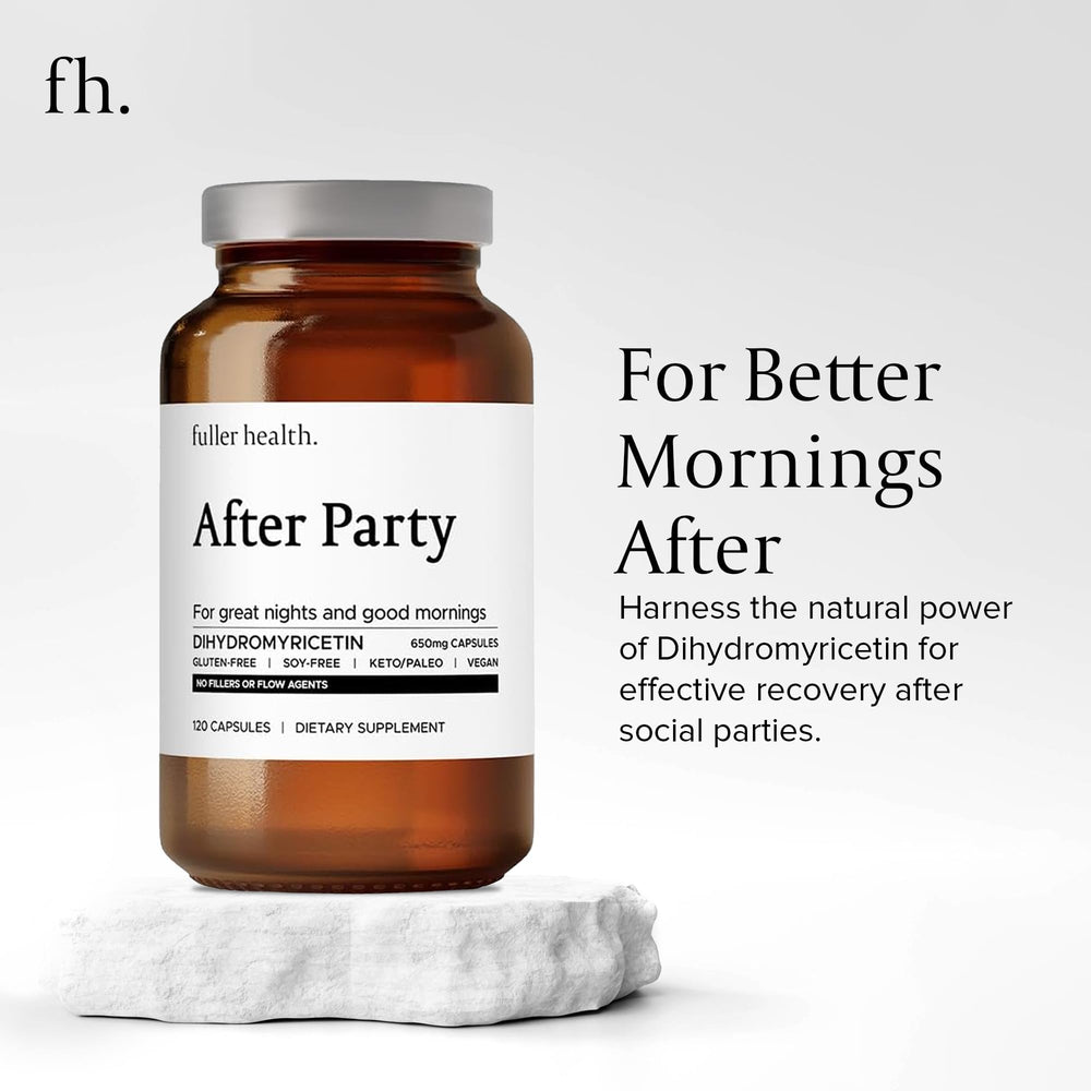 Vegan-friendly symbol on Fuller Health After Party DHM packaging.