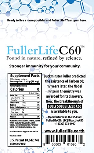 FullerLifeC60 USA-made strip bottle close-up highlighting high-purity carbon60.