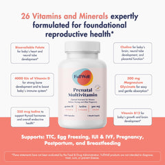 Illustrated graphic showing 26+ nutrients in FullWell Fertility Trio.