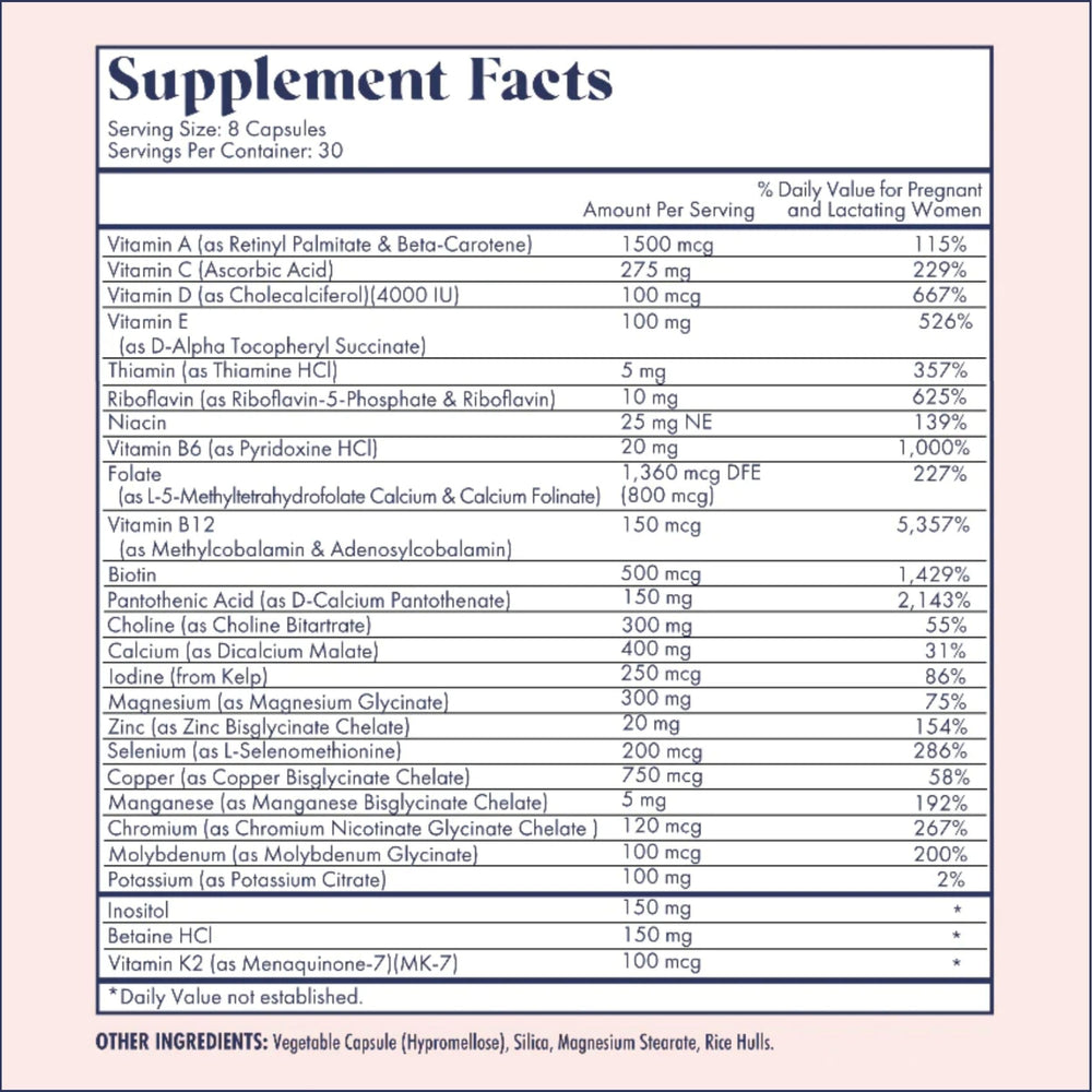 FullWell Prenatal DHA serving size graphic with dosage details.