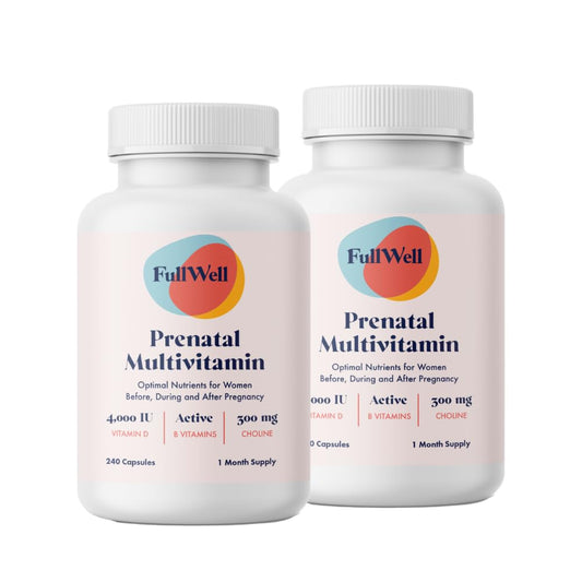 FullWell Prenatal Multivitamins bottle on a counter for daily prenatal nutrition.