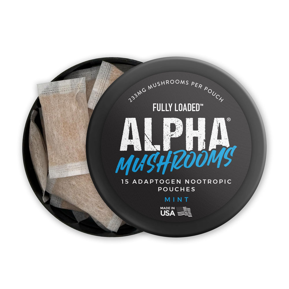 Fully Loaded Alpha Mushrooms ingredient list closeup with key mushrooms.