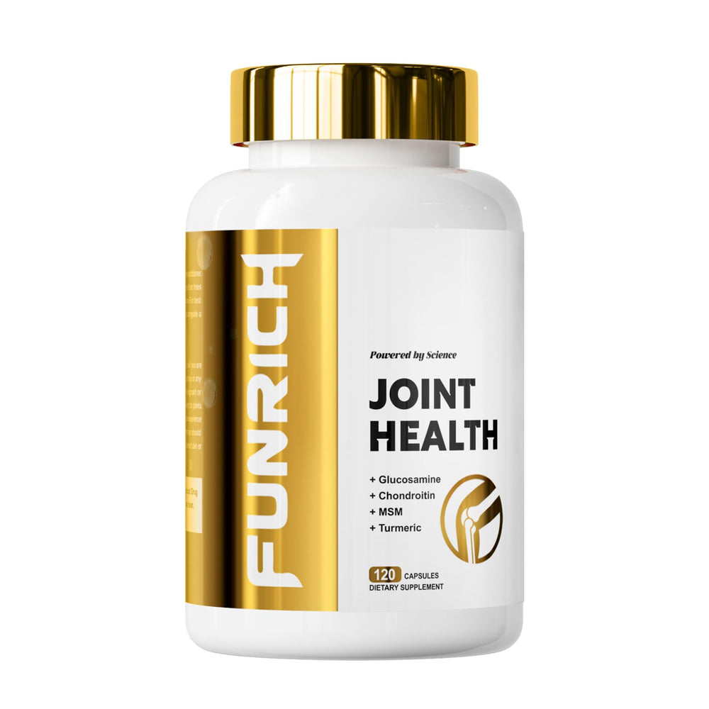 FunRICH glucosamine bottle close-up for daily joint support and mobility.