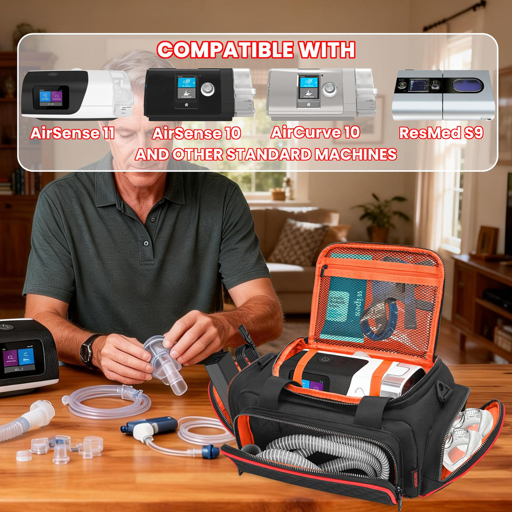 FURIMETY CPAP travel bag front pocket for masks and cords.