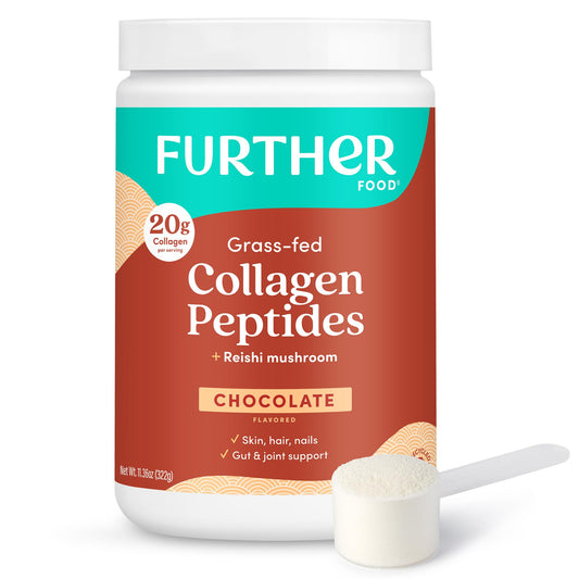 Further Food Chocolate Collagen with Reishi bottle front view emphasizes premium protein mix
