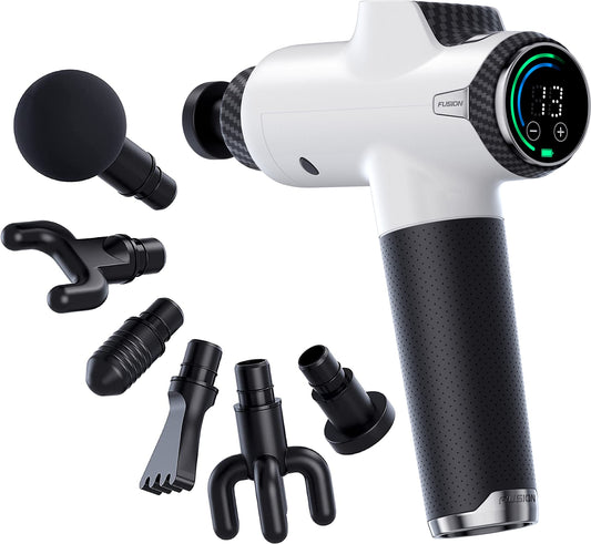 Fusion Black Pro massage gun with back attachment for targeted relief.