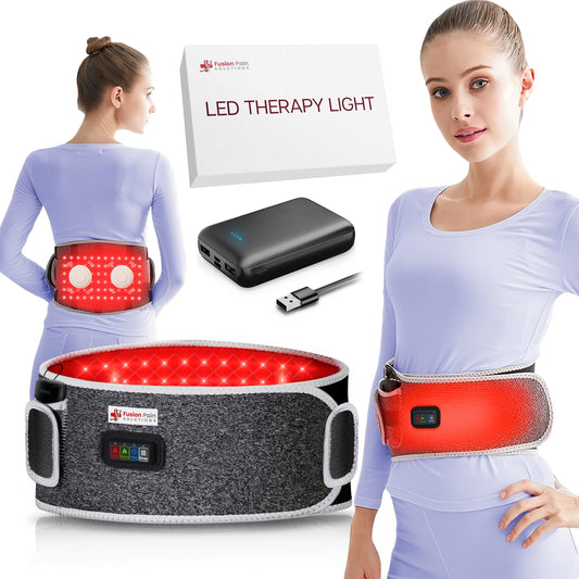Fusion Pain Solutions cordless back massager in use for portable back relief.
