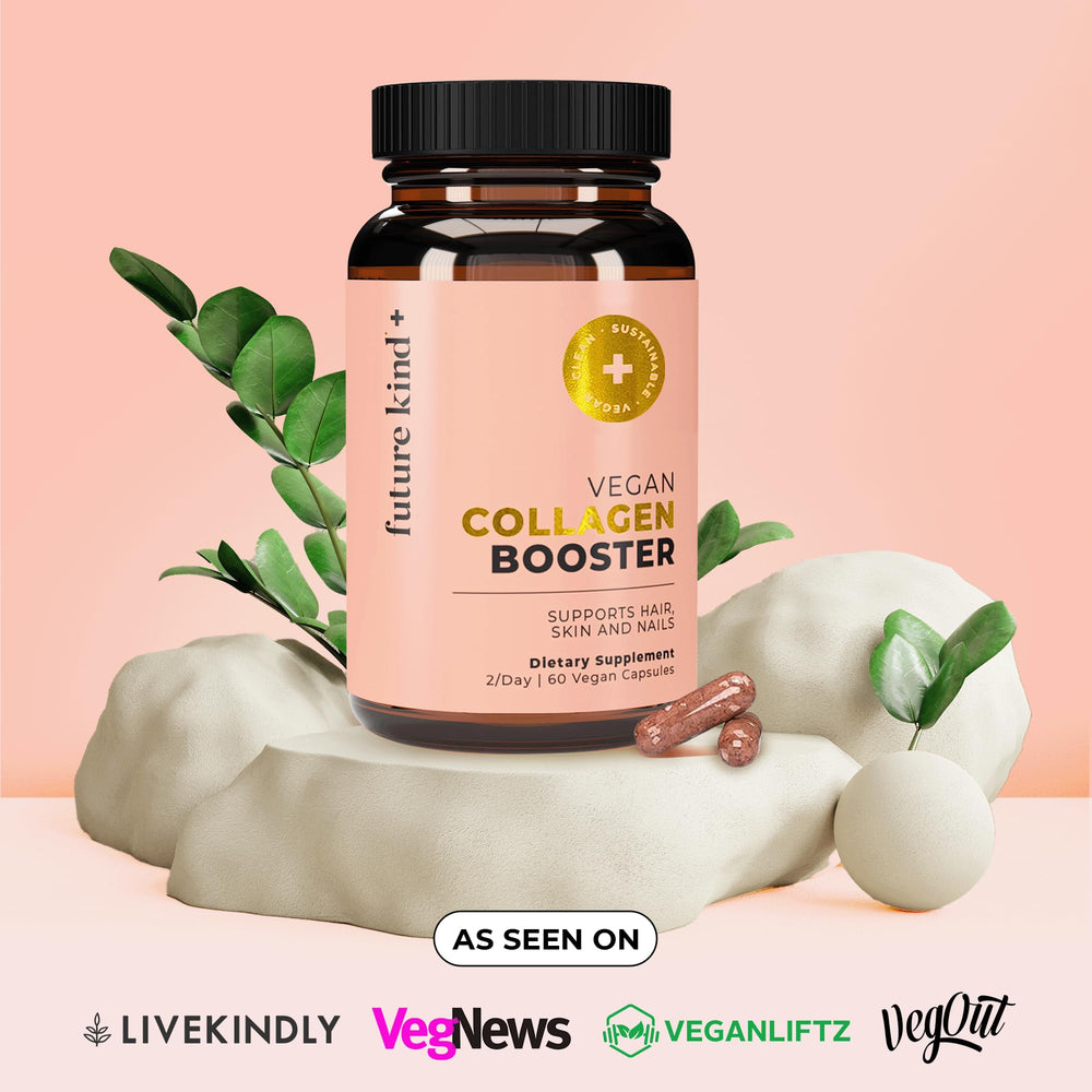 Future Kind Vegan Collagen sustainable glass packaging emphasizes eco-friendly choice.
