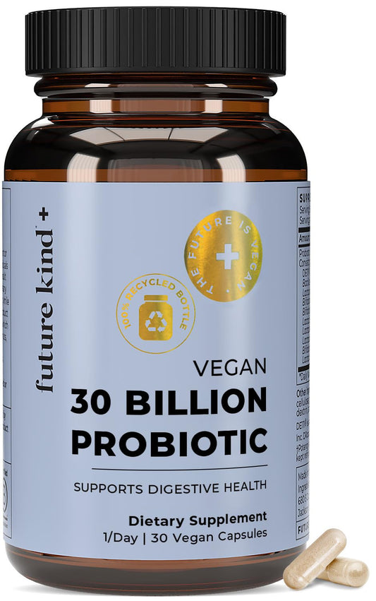 Future Kind vegan probiotics bottle showcasing 30B CFUs for daily digestive support