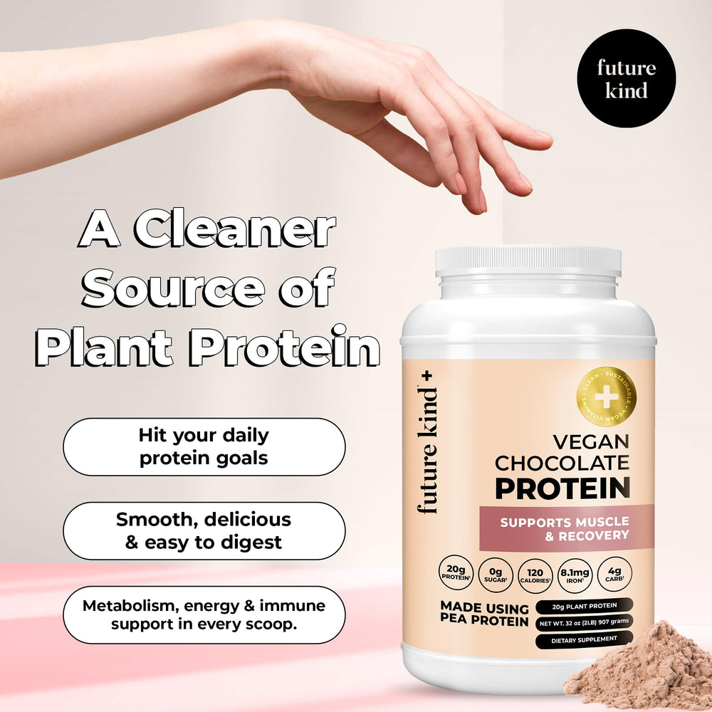 Future Kind vegan protein powder chocolate scoop in glass for post-workout shake