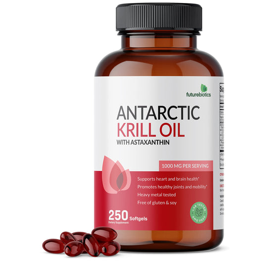 Futurebiotics Antarctic Krill Oil bottle with premium 1000 mg capsules for daily support.