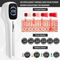FVQ wand close-up shows 650nm red light tubes for improved circulation support.