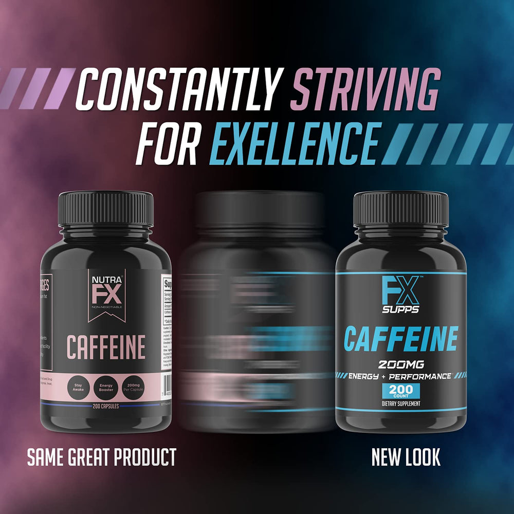 FXSUPPS caffeine pills product shot with clear dosing and packaging.