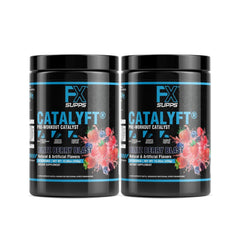 FXSUPPS Catalyft powder bottle front highlighting Blitz Berry flavor for energetic workouts.