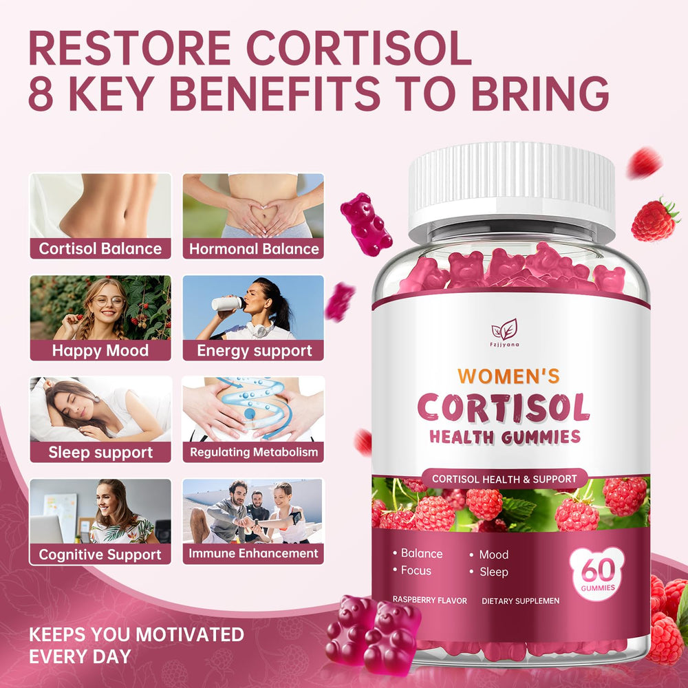 Fzjjyana Cortisol Gummies close-up show raspberry flavor and plant-based formula.