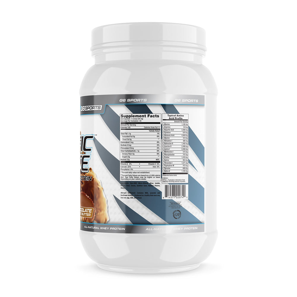 G6 Prolific Isolate jar label with clear nutrition info