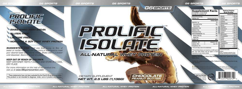 G6 Prolific Isolate nutrition facts highlighting allergen-free formula