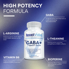 GABA+ label close-up emphasizes L-Theanine and B6 for balanced relaxation